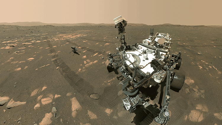 NASA’s Perseverance Mars rover took a selfie with the Ingenuity helicopter on April 6, 2021, the 46th Martian day of its mission. Aerojet Rocketdyne’s MMRTG is visible, located at the aft end of the rover on the right side of the image. NASA/JPL-Caltech/MSSS